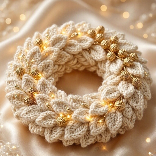Luxurious Crochet Christmas Wreath Cream Wool Leaves Golden Berries Radiant Glow Premium Festive Artwork