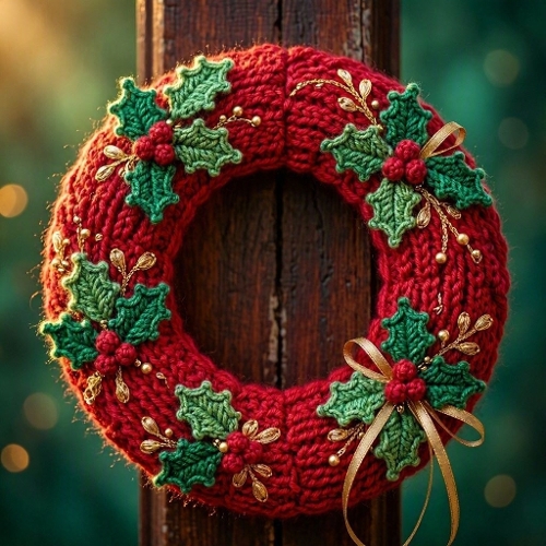 Luxury Crochet Christmas Wreath Vivid Red Wool Emerald Leaves Golden Accents Cinematic Glow Premium Artwork
