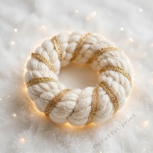 Elegant Crochet Christmas Wreath Ivory Wool Leaves Golden Ribbon Glow Refined Winter Sparkle Premium Artwork