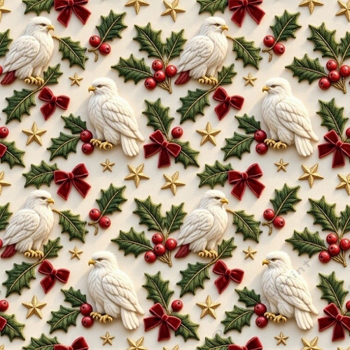 White Wool Eagle Noël Pattern – 3D Felted Plumage & Festive Holly Accents