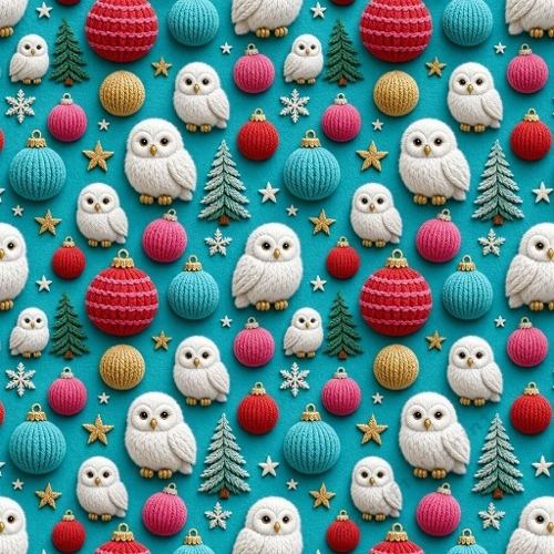wool snowy owls, felted white plumage, turquoise red raspberry gold ornaments, mini fir trees, tiny stars snowflakes, hyper‑detailed textile fibers, modern festive palette, luxurious tactile depth, seamless 8K pattern