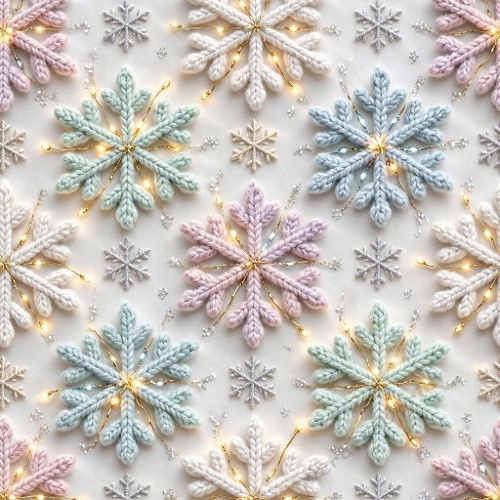 Seamless Aquarelle Knitted Snowflake Pattern Pastel Wool Glow Mint Pink Blue White Winter Lights 8K Premium Design