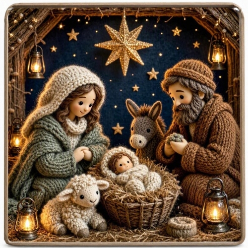 Seamless Aquarelle Knitted Nativity Pattern Wool Figures Manger Glow Pastel Winter Stars 8K Premium Design