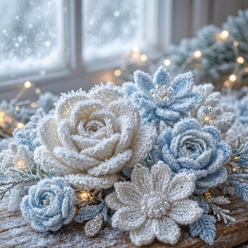 Seamless Aquarelle Frosted Crochet Floral Pattern Icy Wool Blooms Pastel Blue White Golden Glow 8K Premium Design