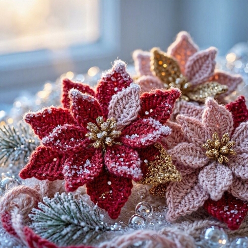 Seamless Aquarelle Frosted Poinsettia Pattern Red Blush Gold Crochet Glow Icy Reflections 8K Premium Winter Design