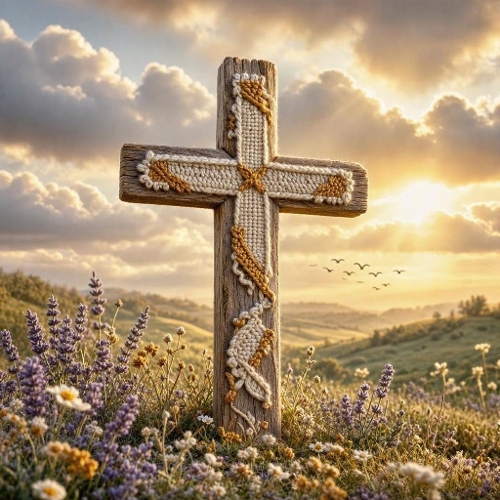Seamless Aquarelle Woven Wool Cross Pattern Golden Sunset Lavender Field Spiritual Glow 8K Premium Design