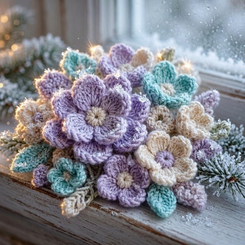 Seamless Aquarelle Frosted Crochet Flower Cluster Pattern Pastel Lavender Cream Turquoise Golden Glow 8K Premium Design