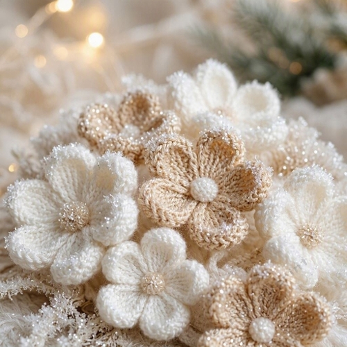 Seamless Aquarelle Frosted Crochet Blossom Pattern White Champagne Wool Flowers Glitter Glow Winter Magic 8K Premium Design