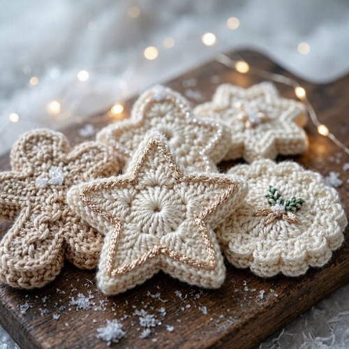 Seamless Aquarelle Frosted Crochet Cookie Pattern Ivory Champagne Wool Sweets Glitter Glow Winter Magic 8K Premium Design