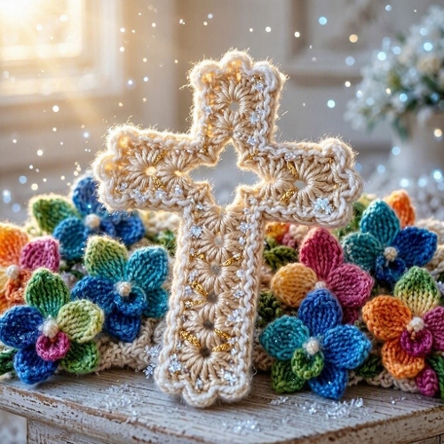 Seamless Aquarelle Crochet Rainbow Orchid Cross Pattern Sunlit Glow Frosted Wool Glitter Ivory Champagne Winter Magic 8K Premium Design