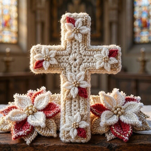 Seamless Aquarelle Frosted Crochet Cross Pattern Sunlit Glow Red Champagne Poinsettias Glitter Winter Magic 8K Premium Design