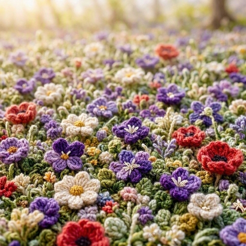 Violet Crochet Meadow – 3D Wool Blossoms & Enchanted Spring Light 
