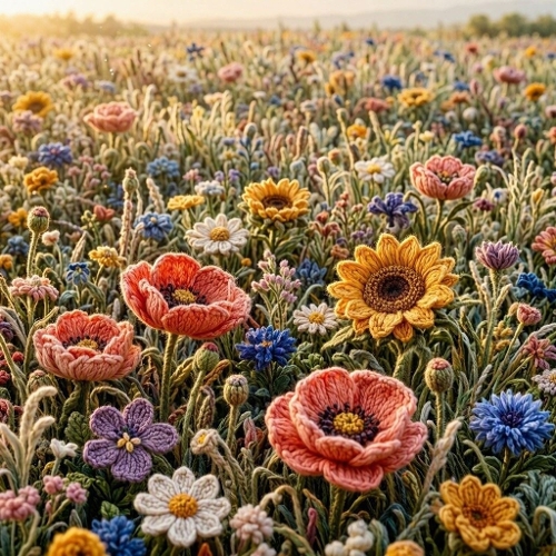 Golden Crochet Wildflower Field – 3D Wool Blossoms & Radiant Summer Depth
