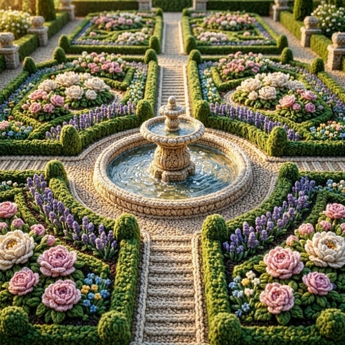 French Crochet Garden – 3D Wool Topiaries & Elegant Floral Parterres