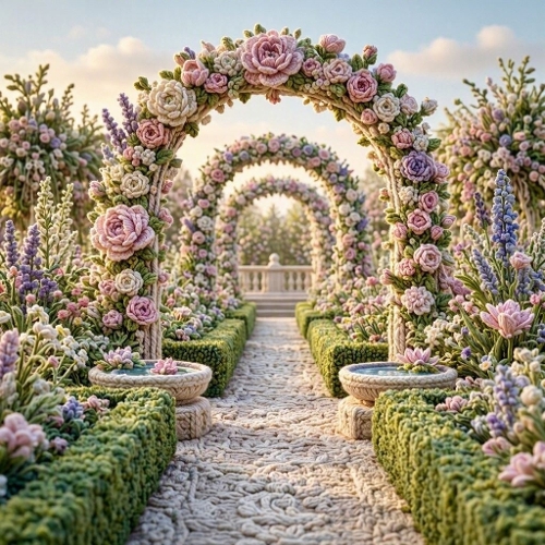 Romantic Wool Garden Promenade – 3D Crochet Arches & Blooming Spring Elegance 