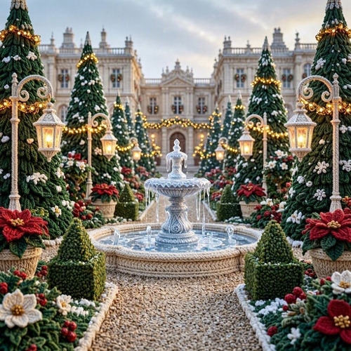 Imperial Noël Crochet Garden – 3D Wool Evergreens & Radiant Winter Splendor