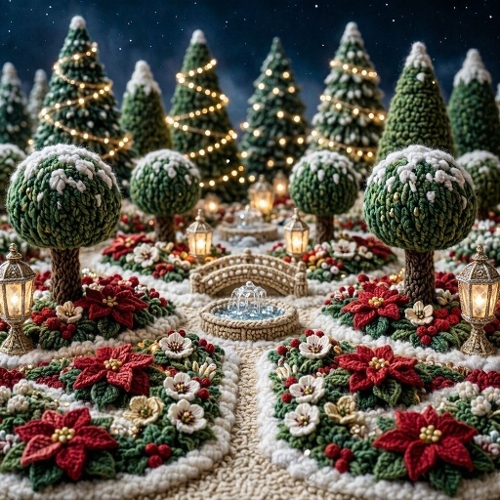Midnight Royal Noël Garden – 3D Crochet Topiaries & Golden Winter Enchantment