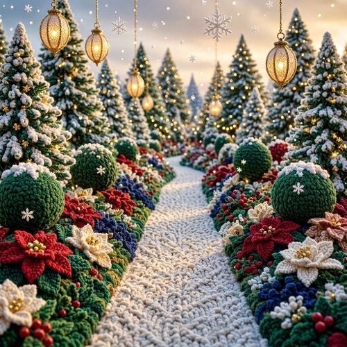 Celestial Noël Crochet Promenade – 3D Wool Evergreens & Radiant Winter Luxury 