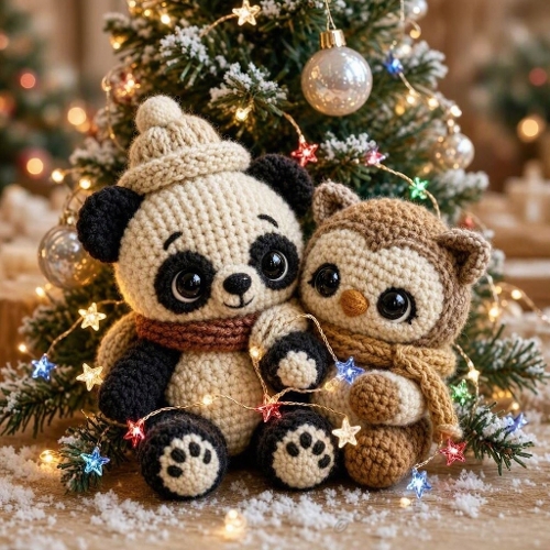 Glow‑Tangle Amigurumi Duo – 3D Wool Panda & Owl Decorating a Pastel Noël Tree