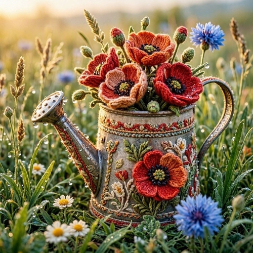 Vintage‑Bloom Crochet Watering Can – 3D Wool Meadow Scene 