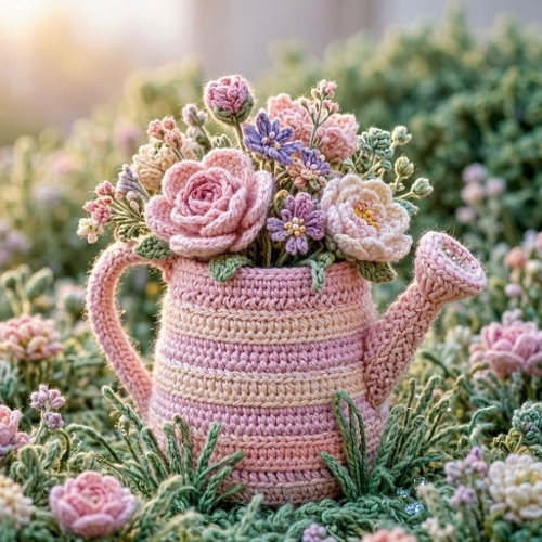 Peach‑Blossom Crochet Garden Can – 3D Wool Roses & Peonies
