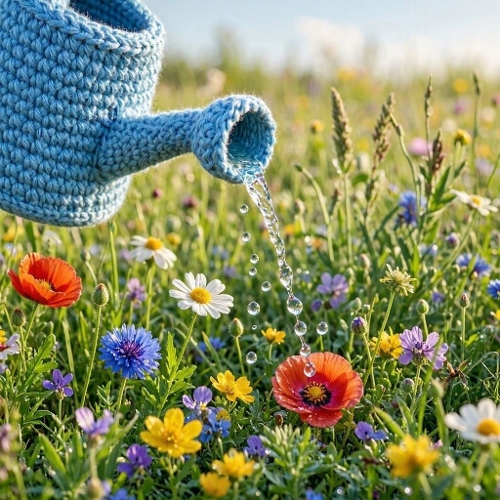 Sky‑Bloom Crochet Watering Can – 3D Spring Wildflower Cascade 
