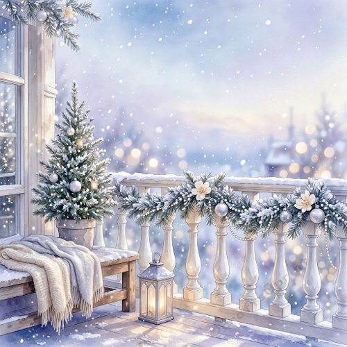Seamless Aquarelle Frosted Winter Balcony Pattern Evergreen Tree Silver Ornaments Cream Knit Blanket Lantern Glow Snow Sparkle 8K Premium Design