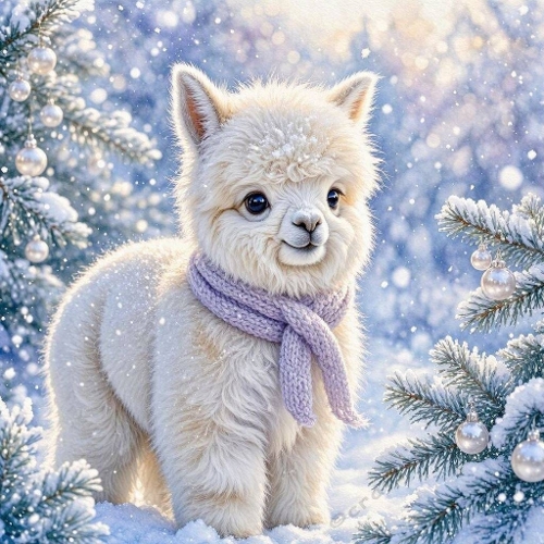 Seamless Aquarelle Frosted Winter Alpaca Pattern White Wool Lavender Scarf Snowy Evergreen Pearl Ornaments Blue Glow Sparkle 8K Premium Design