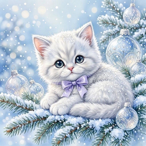 Seamless Aquarelle Frosted Winter Kitten Pattern White Fluffy Cat Lavender Bow Snowy Evergreen Crystal Ornaments Blue Glow Sparkle 8K Premium Design