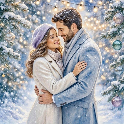 Seamless Aquarelle Frosted Winter Couple Pattern Snowy Evergreens Silver Ornaments Warm String Lights Romantic Glow 8K Premium Design