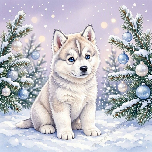 Seamless Aquarelle Frosted Winter Husky Puppy Pattern Fluffy Snow Pup Evergreen Trees Silver Blue Ornaments Pastel Glow 8K Premium Design