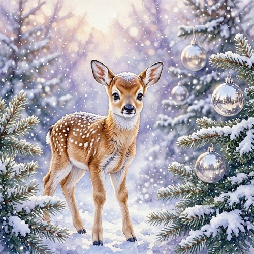 Seamless Aquarelle Frosted Winter Fawn Pattern Snowy Forest White‑Spotted Deer Evergreen Branches Silver Ornaments Warm Glow 8K Premium Design