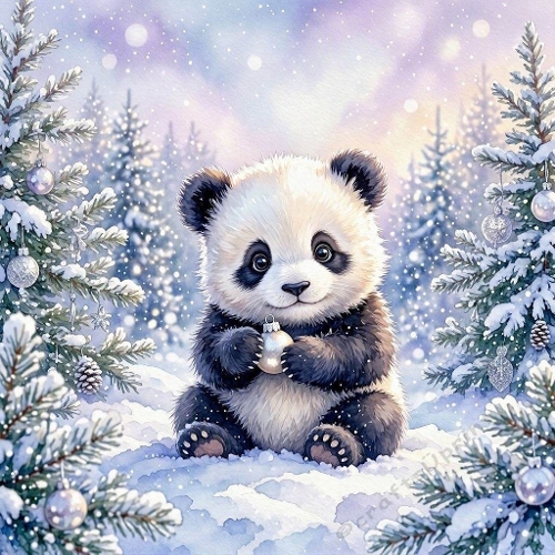 Seamless Aquarelle Frosted Winter Panda Pattern Fluffy Baby Holding Ornament Snowy Evergreens Silver White Baubles Pastel Sky Glow 8K Premium Design