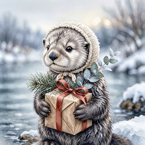 Seamless Aquarelle Frosted Winter Otter Pattern Cream Knit Bonnet Gift Red Ribbon Snowy Riverbank Pine Sprig Cozy Glow 8K Premium Design
