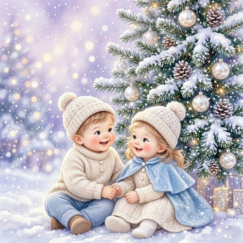 Seamless Aquarelle Frosted Winter Children Pattern Cozy Snow Scene Christmas Tree Silver Pinecones Lights Cream Blue Outfits 8K Premium Design