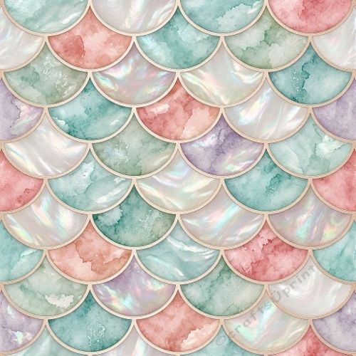 Seamless Aquarelle Pastel Mermaid Scales Pattern Pink Teal Blue Lavender Cream Iridescent Pearlescent Gold Outlines 8K Premium Design