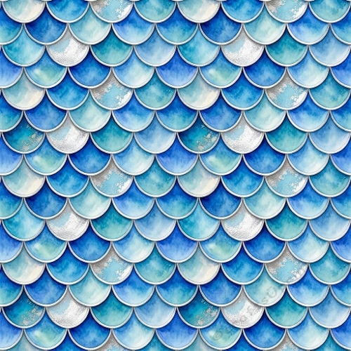 Seamless Aquarelle Blue Turquoise Mermaid Scales Pattern Watercolor Ocean Texture White Highlights Iridescent Shimmer 8K Premium Design