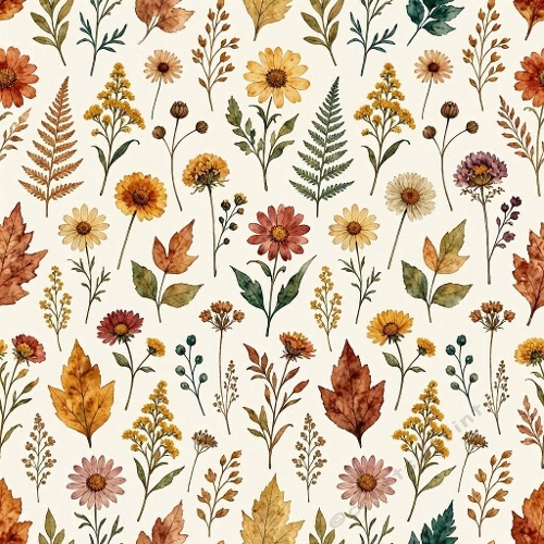Autumn Botanical Watercolor Pattern – 1024×1024 Floral Texture