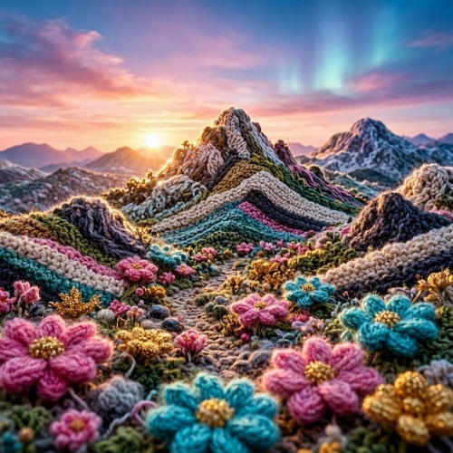 Textile Landscape Watercolor Texture – 1024×1024 Yarn Art Scene