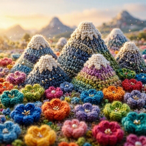 Crocheted Mountain Meadow – 1024×1024 Watercolor‑Style Textile Landscape