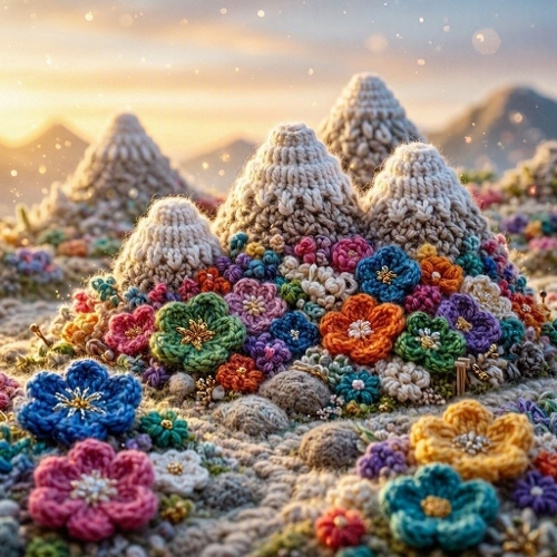 Knitted Mountain Garden – 1024×1024 Watercolor‑Style Textile Landscape