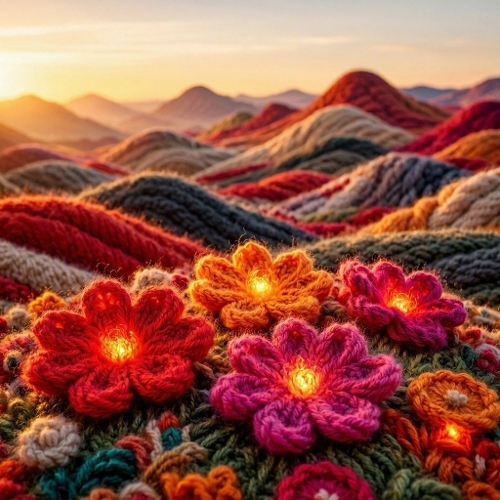 Glowing Crochet Meadow – 1024×1024 Watercolor‑Style Yarn Landscape