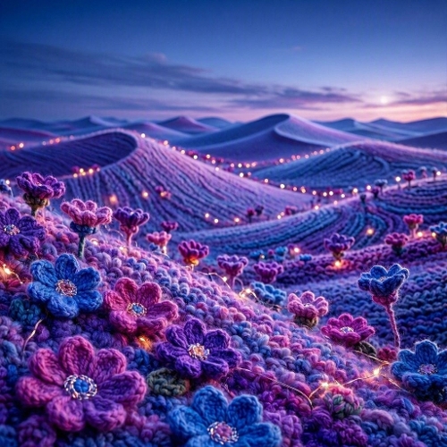 Twilight Crochet Hills – 1024×1024 Watercolor‑Style Textile Landscape