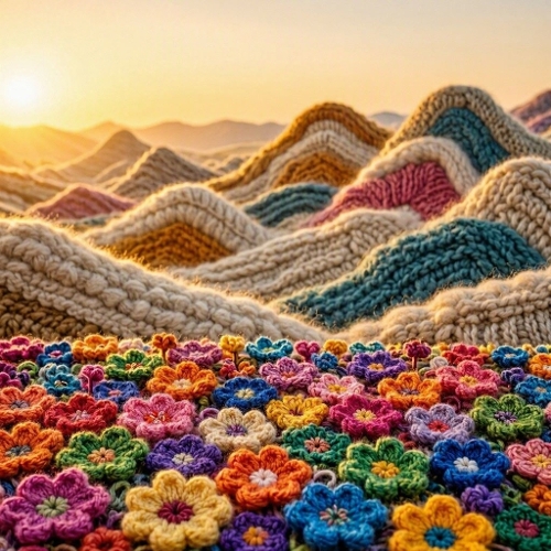 Crocheted Flower Hills – 1024×1024 Watercolor‑Style Textile Landscape