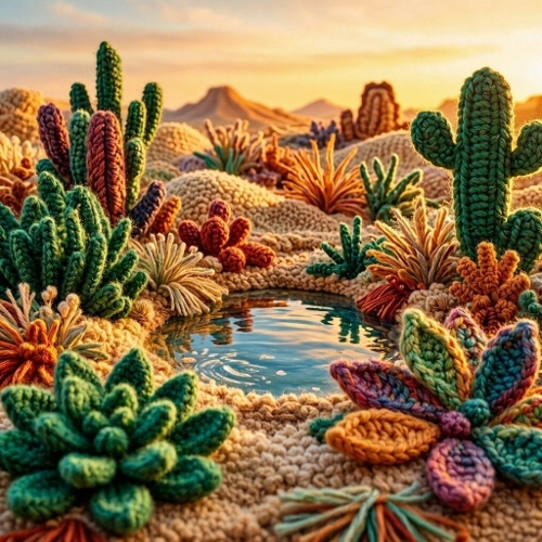 Crocheted Desert Oasis – 1024×1024 Watercolor‑Style Yarn Landscape