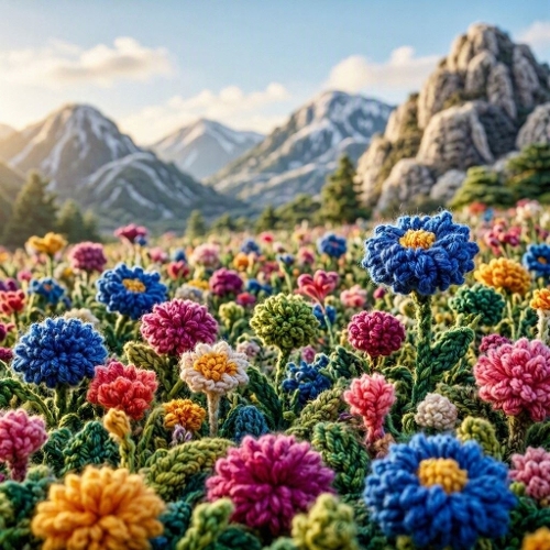 Crocheted Mountain Bloom – 1024×1024 Watercolor‑Style Textile Landscape