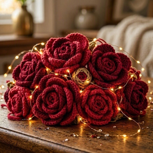 Crocheted Red Rose Bouquet – 1024×1024 Watercolor‑Style Cozy Floral Art