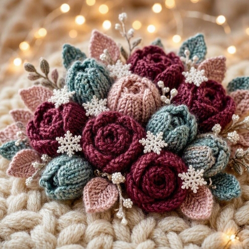 Knitted Floral Bouquet – 1024×1024 Watercolor‑Style Cozy Yarn Arrangement