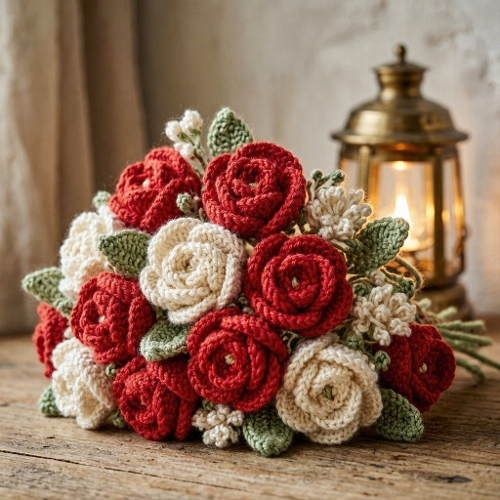 Crocheted Rose Lantern Bouquet – 1024×1024 Watercolor‑Style Cozy Floral Art