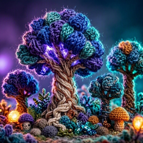 Enchanted Crocheted Forest – 1024×1024 Watercolor‑Style Fantasy Textile Art